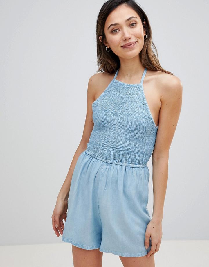 Influence Chambray Halter Neck Beach Romper - Blue