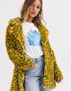 Qed London Faux Fur Coat In Bright Leopard Print-multi