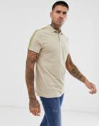 Asos Design Organic Polo Shirt With Contrast Taping In Beige-gray