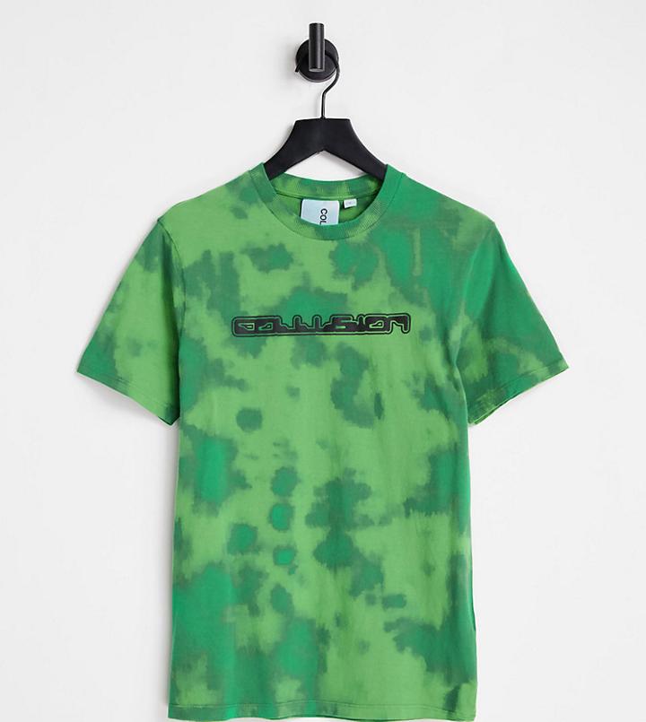 Collusion Slim Fit T-shirt With Logo Print In Green Acid Wash