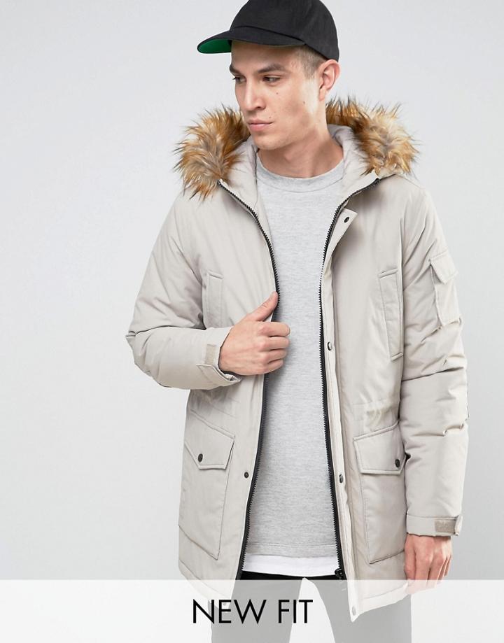 Asos Parka Jacket With Faux Fur Trim In Stone - Stone