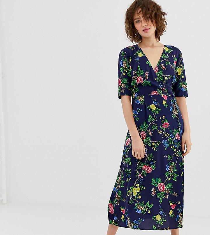 Warehouse Midi Tea Dress In Floral Print - Navy