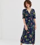 Warehouse Midi Tea Dress In Floral Print - Navy