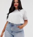 Asos Design Curve Top With Broidery Sleeve-white