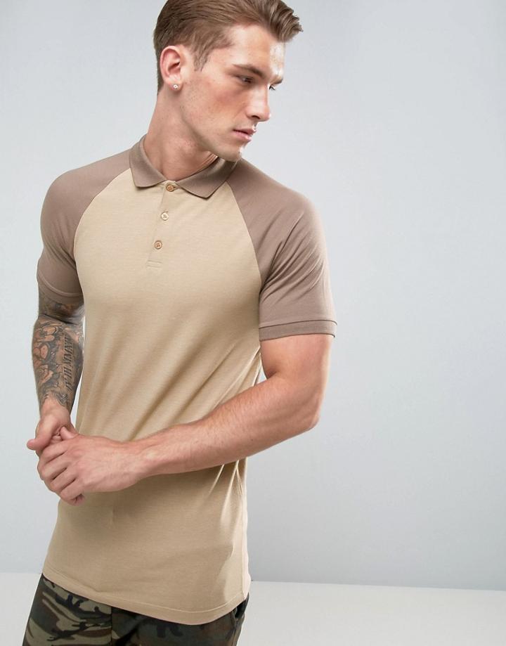 Asos Longline Muscle Polo With Contrast Raglan - Beige