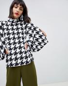Asos Design Long Sleeve Oversized Top With Sleeve Detail In Houndstooth Check-multi