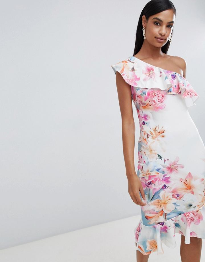 Lipsy Floral One Shoulder Pephem Dress - White