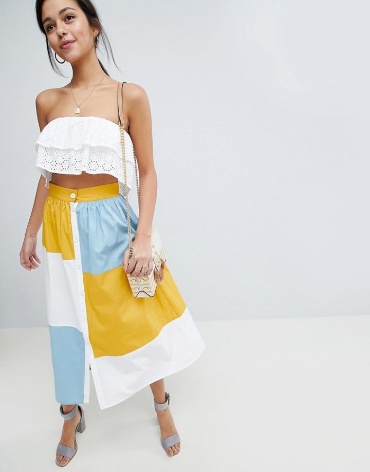 Asos Design Color Block Midi Skirt With Button Front - Multi