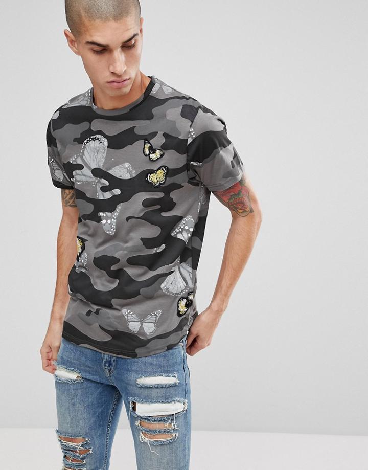 Brave Soul Butterfly Emroidered Camo Print T-shirt - Black