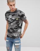 Brave Soul Butterfly Emroidered Camo Print T-shirt - Black
