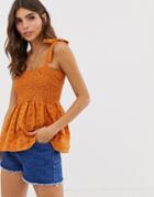 Asos Design Cami Broderie Sun Top With Shirring And Tie Shoulder Detail - Multi