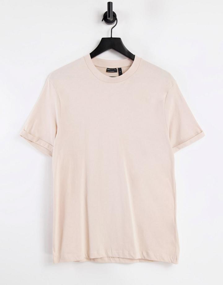 Asos Design T-shirt With Roll Sleeve In Beige-neutral