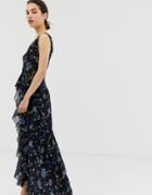 Little Mistress Floral Lace Plunge Front Maxi Dress In Black Multi - Multi