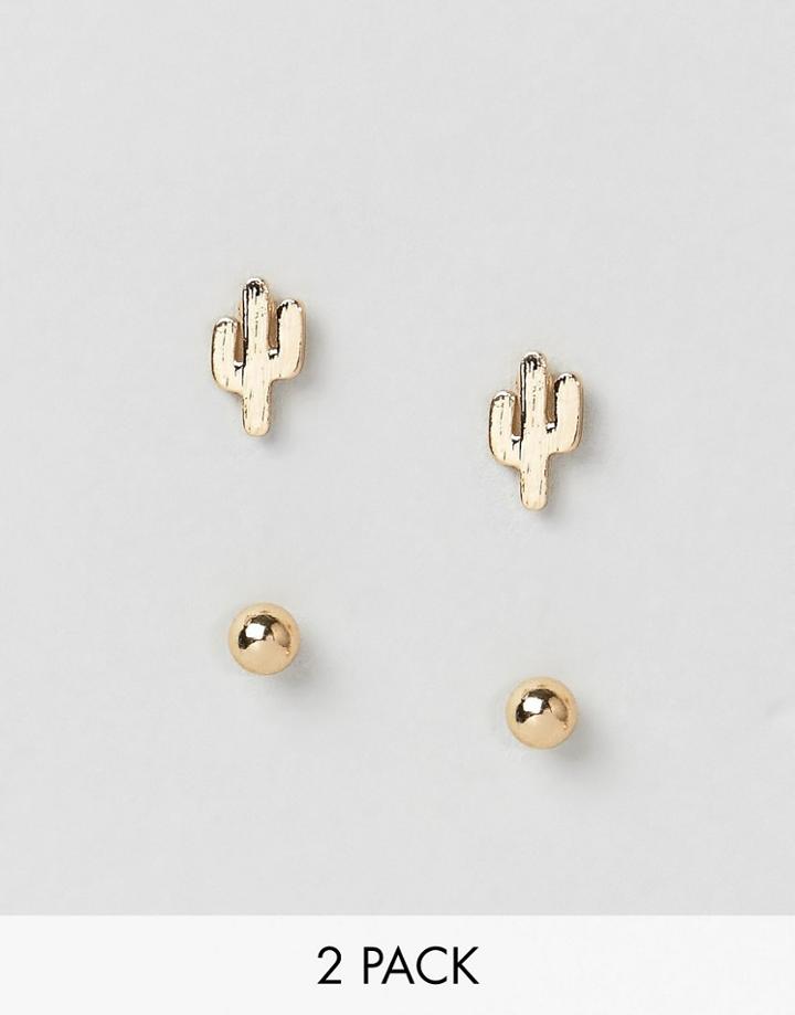 Nylon Stud And Cactus Earring Set - Gold