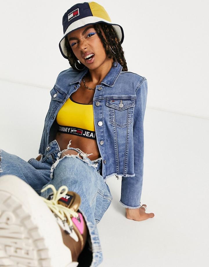 Tommy Jeans Frayed Cropped Denim Jacket In Mid Wash-blue