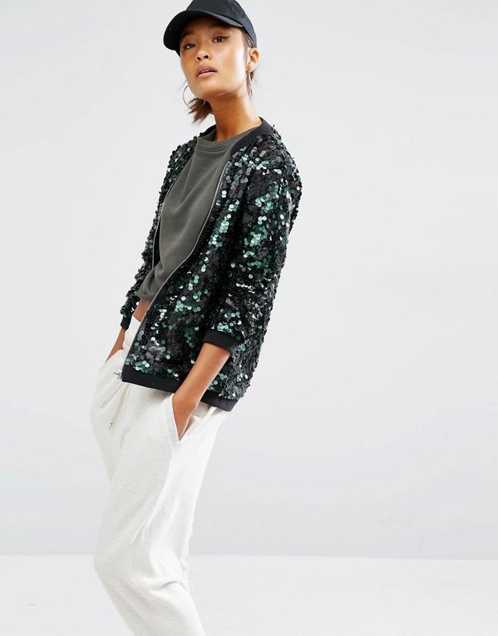 Daisy Street Sequin Bomber Jacket - Green
