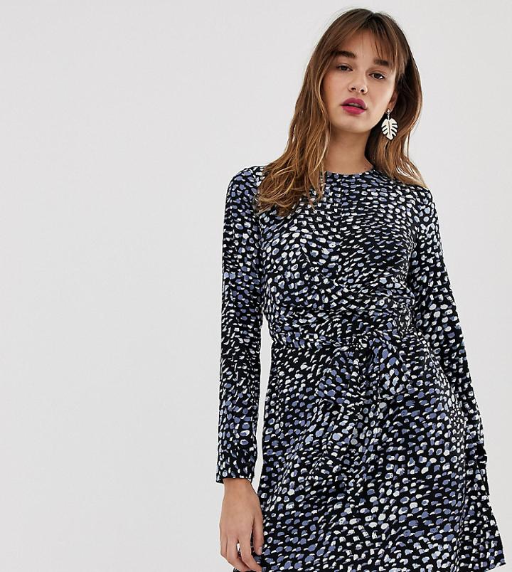 Warehouse Wrap Skater Dress With Tie Detail In Smudge Polka Dot - Multi