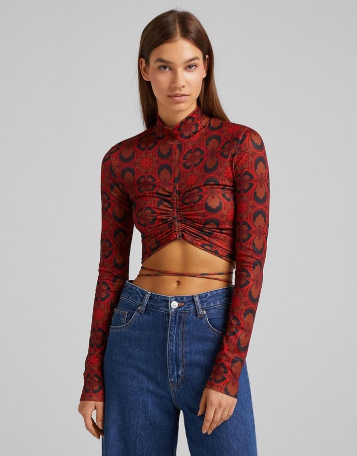 Bershka Wrap Detail Crop Top In Red Retro Floral Print