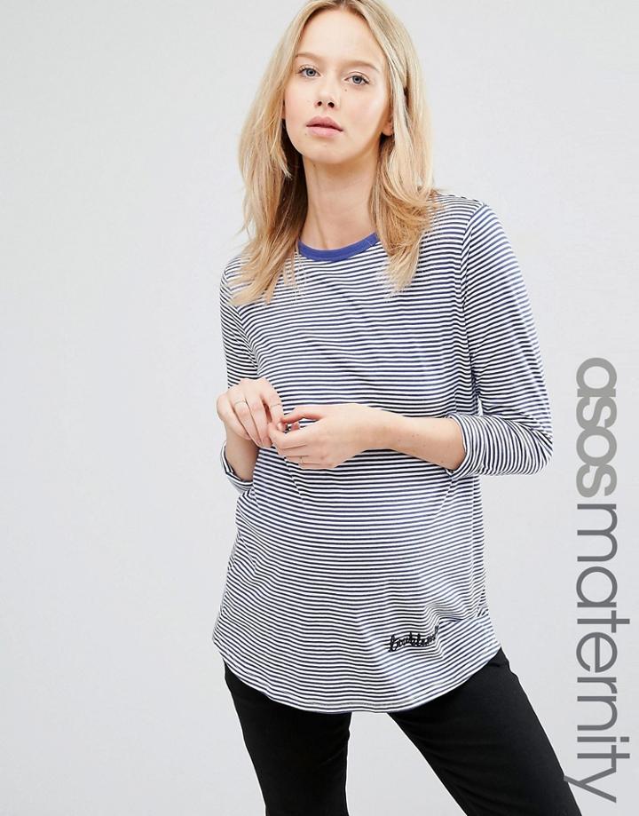Asos Maternity Top With Troublemaker Embroidery In Long Sleeve Stripe - Multi