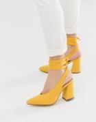 London Rebel Pointed Block Heel Tie Leg Shoes - Yellow