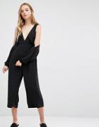 Neon Rose Cold Shoulder Awkward Length Jumpsuit With Deep V Front - Black