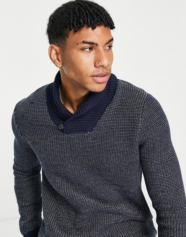 Selected Homme Cotton Blend Shawl Neck Jumper In Navy - Navy
