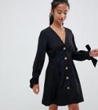 Asos Design Petite Button Through Mini Skater Dress With Tie Sleeves-black