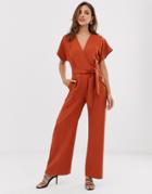 Closet London Wrap Front Tie Waist Jumpsuit In Rust-red