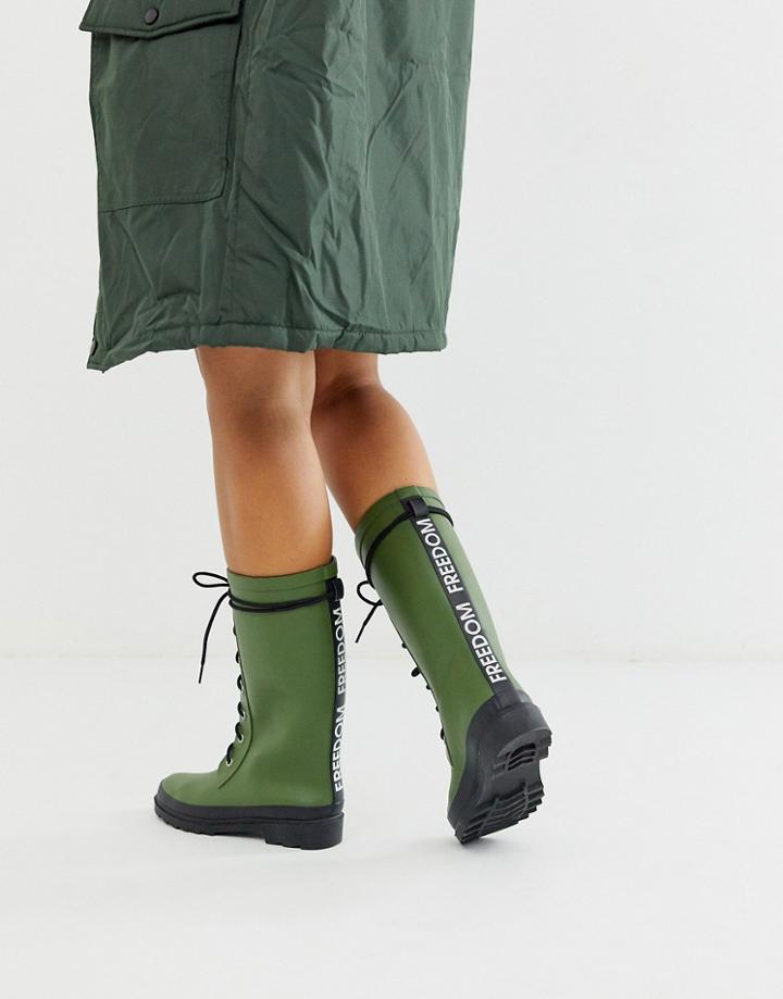 Asos Design Ground Chunky Lace Up Rain Boot In Khaki-green