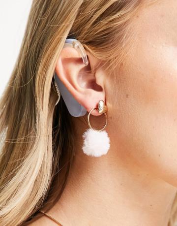 Asos Design Earrings With Heart Stud And Fluffy Ball In Gold Tone