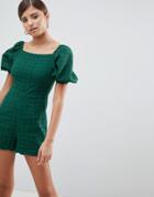 Fashion Union Romper With Puff Sleeves In Broderie - Green