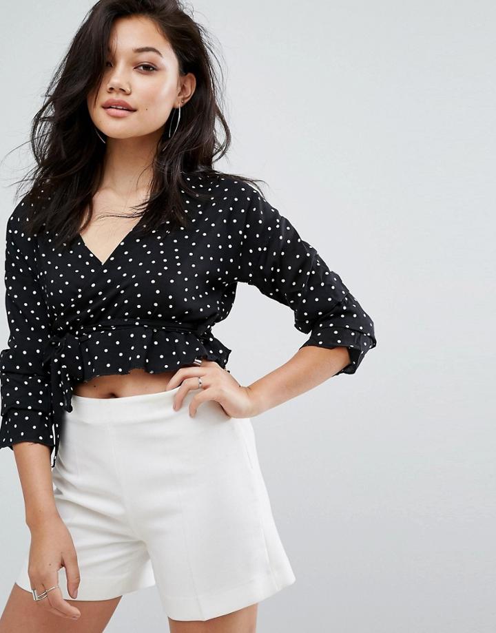 Prettylittlething Polka Dot Wrap Blouse - Black