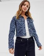 Brave Soul Montana Denim Jacket In Leopard Print-blue