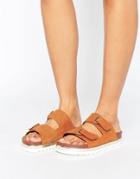 Vero Moda Leather Flatform Buckle Slide Sandals - Tan