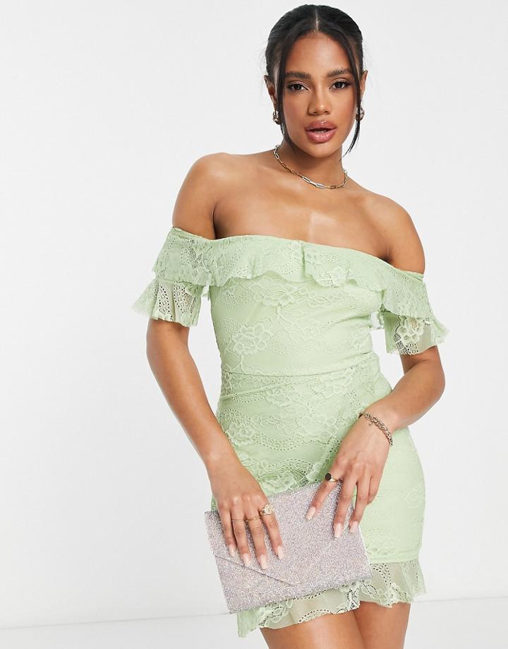 Naanaa Lace Bardot Mini Dress In Sage Green