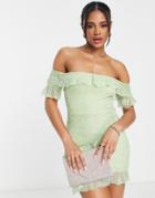 Naanaa Lace Bardot Mini Dress In Sage Green
