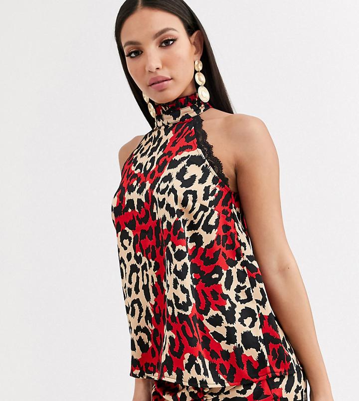 Outrageous Fortune Tall High Neck Top In Contrast Leopard Print-multi