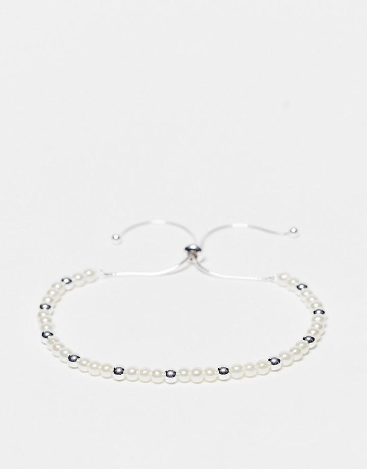 Asos Design Sterling Silver Faux Pearl Festival Beaded Bracelet With Puller