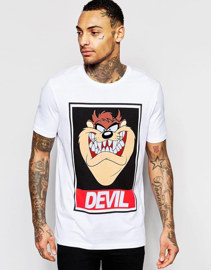 Asos T-shirt With Taz Devil Print In Relaxed Skater Fit - White