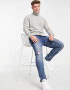 Asos Design Lambswool Roll Neck Sweater In Light Gray-grey