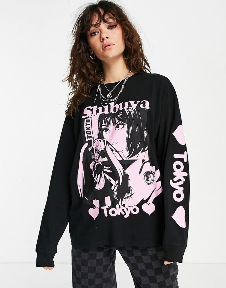 Asos Design Oversized T-shirt With Long Sleeve Tokyo Comic Print In Washed Charcoal-gray