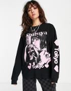 Asos Design Oversized T-shirt With Long Sleeve Tokyo Comic Print In Washed Charcoal-gray