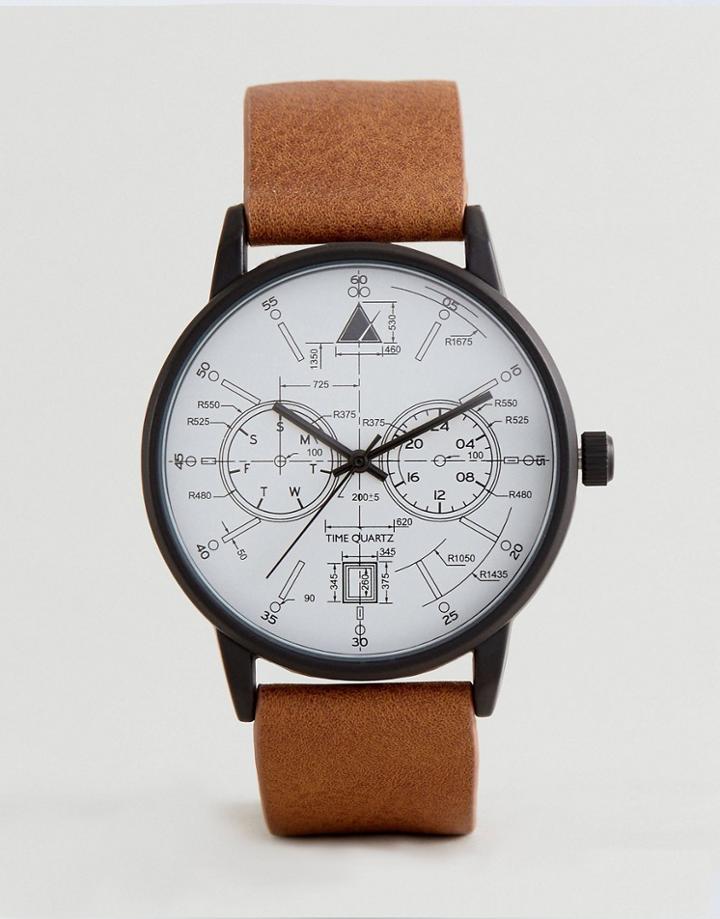 Asos Watch With Brown Faux Leather Strap And Nautical Face - Tan
