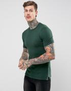 Asos Longline T-shirt With Side Zips In Muscle Fit In Green - Green