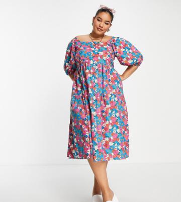 Lola May Plus Tiered Midi Dress With Puff Sleeves In Pink Floral