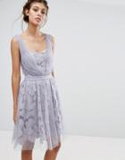 Little Mistress Lace And Tulle Overlay Dress With Gathered Straps - Purple