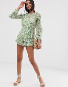 River Island Romper With Ruffle Hem In Blue Floral-green