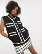 Dream Sister Jane Sleeveless Cardigan With Contrast Piping And Faux Pearl Buttons Co-ord-black