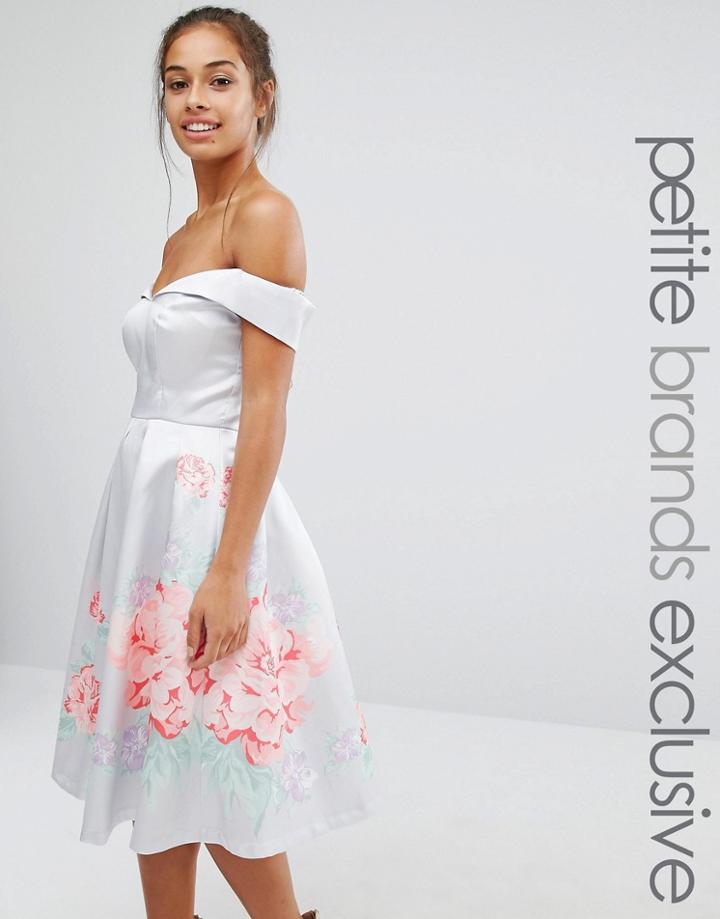 Chi Chi London Petite Full Prom Sateen Bardot Dress With Floral Boarder - Gray