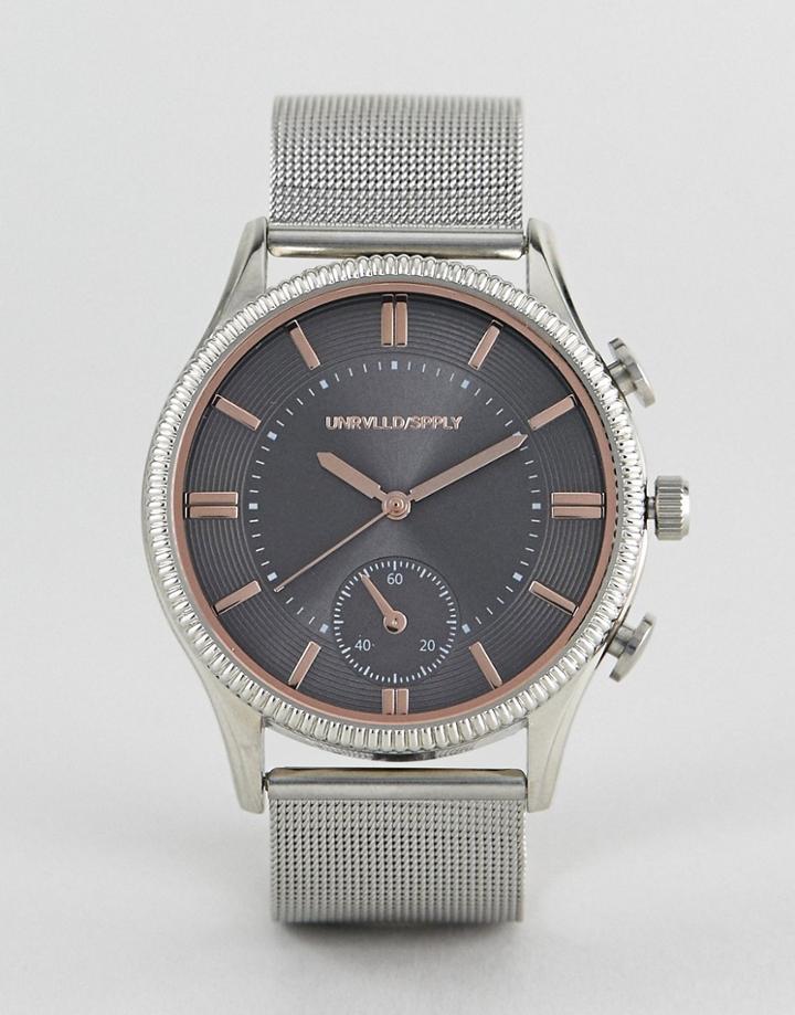 Asos Design Mesh Watch In Silver With Rose Gold Highlights And Subdial - Silver